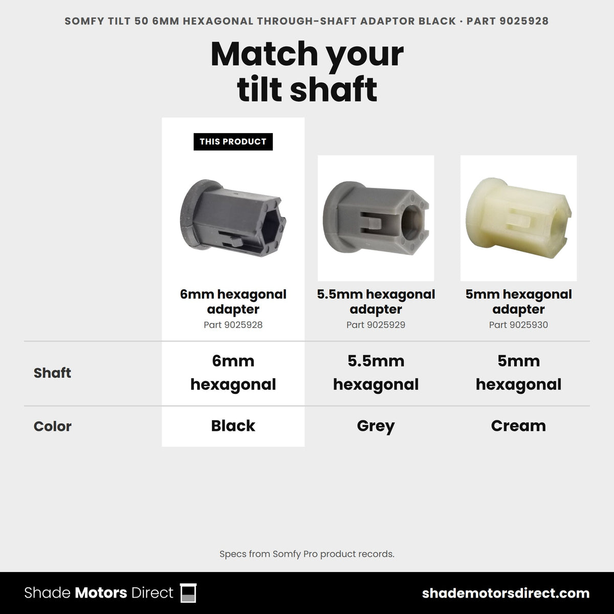 Somfy Tilt 50 6mm hexagonal through-shaft adapter 9025928 compared: 5.5mm hexagonal adapter 9025929, 5mm hexagonal adapter 9025930