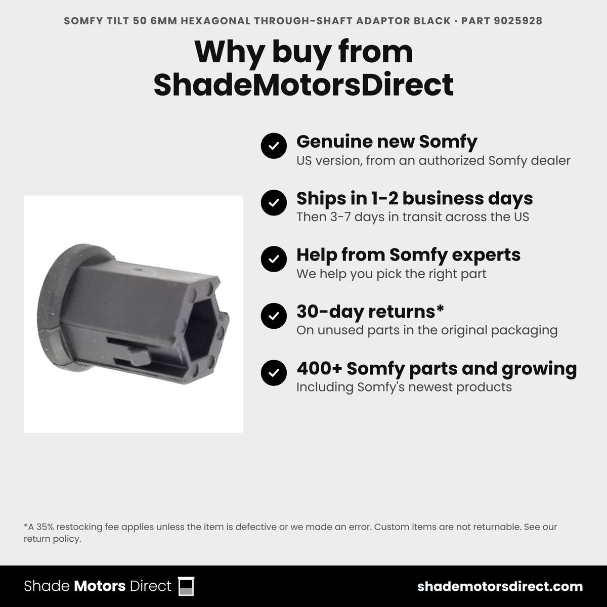 Buy the Somfy Tilt 50 6mm Hexagonal Through-Shaft Adaptor Black, part 9025928, genuine new, from ShadeMotorsDirect