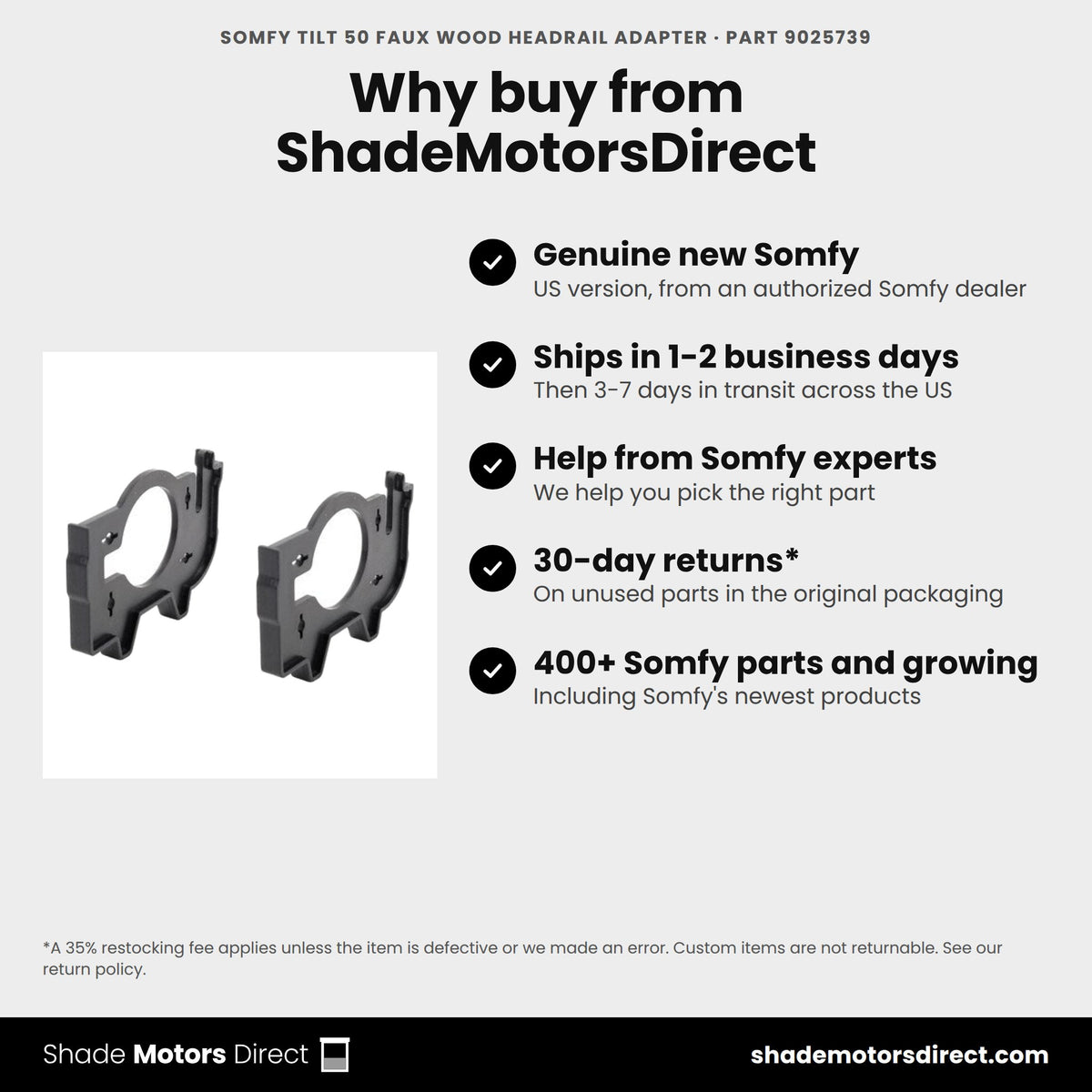 Buy the Somfy Tilt 50 Faux Wood Headrail Adapter, part 9025739, genuine new, from ShadeMotorsDirect