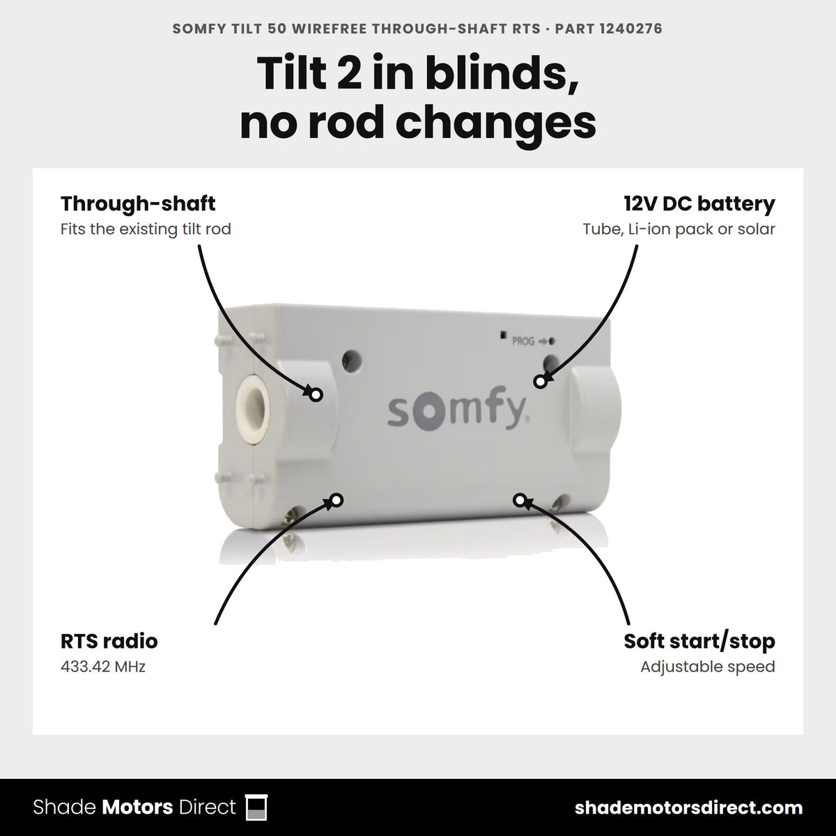 Somfy Tilt 50 WireFree Through-Shaft RTS, part 1240276, features: through-shaft tilt for 2 in horizontal blinds, 12V DC battery power, RTS radio, soft start and stop