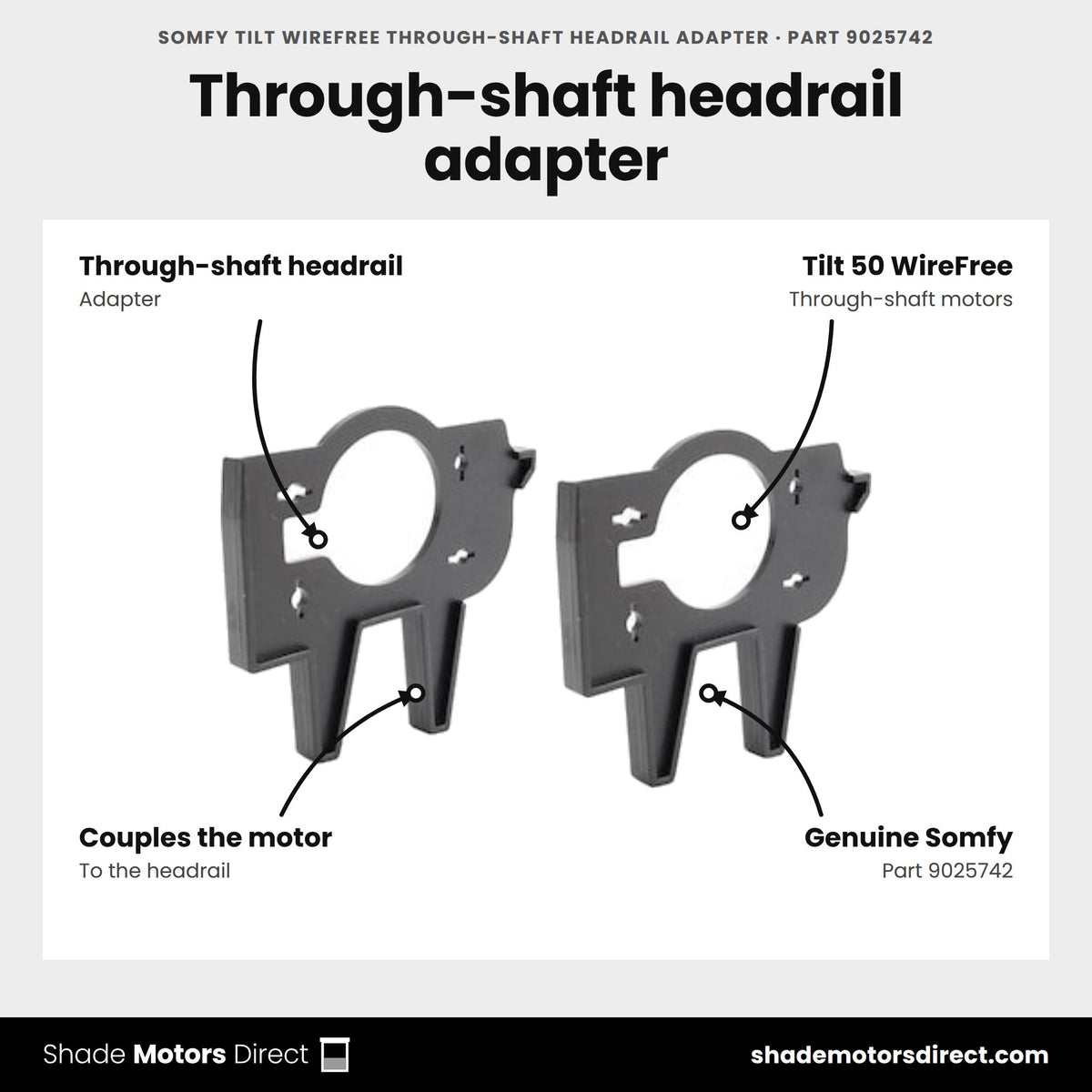 Somfy Tilt WireFree Through-Shaft Headrail Adapter, part 9025742, features: through-shaft headrail adapter coupling the Tilt 50 WireFree through-shaft motor to the headrail