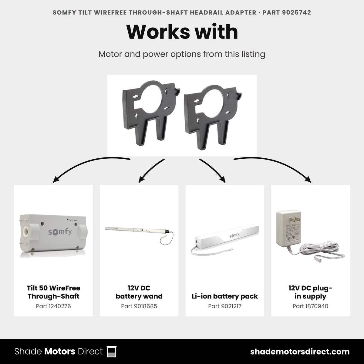 Parts that work with the Somfy Tilt 50 through-shaft headrail adapter 9025742: Tilt 50 WireFree Through-Shaft 1240276, 12V DC battery wand 9018685, Li-ion battery pack 9021217, 12V DC plug-in supply 1870940