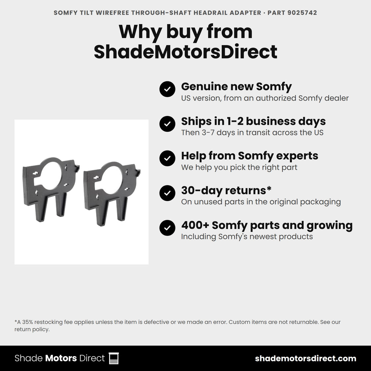 Buy the Somfy Tilt WireFree Through-Shaft Headrail Adapter, part 9025742, genuine new, from ShadeMotorsDirect