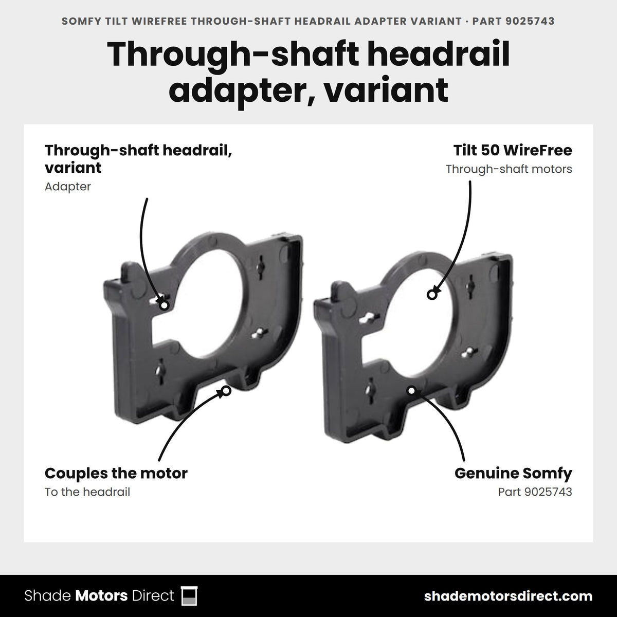Somfy Tilt WireFree Through-Shaft Headrail Adapter Variant, part 9025743, features: through-shaft headrail, variant adapter coupling the Tilt 50 WireFree through-shaft motor to the headrail
