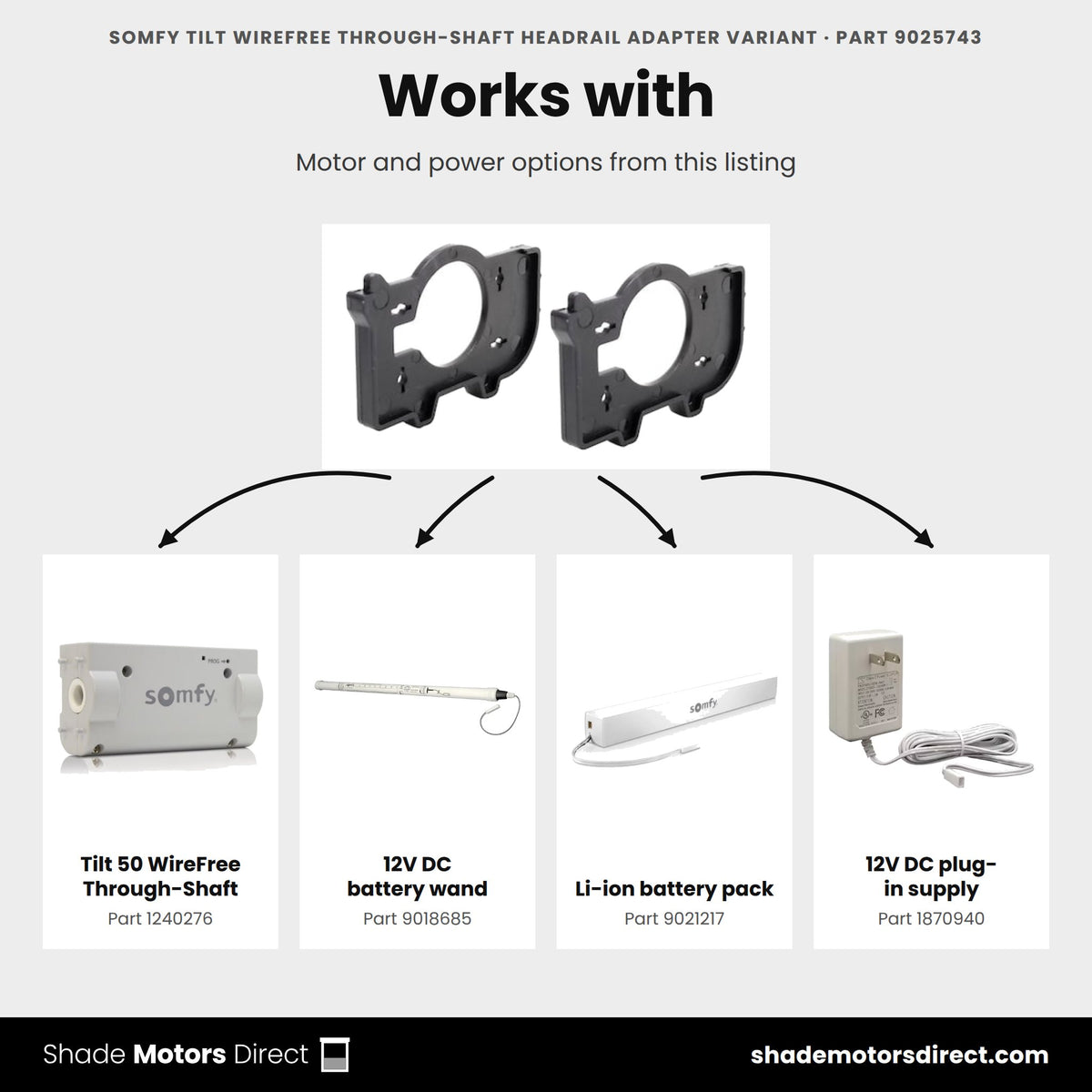 Parts that work with the Somfy Tilt 50 through-shaft headrail, variant adapter 9025743: Tilt 50 WireFree Through-Shaft 1240276, 12V DC battery wand 9018685, Li-ion battery pack 9021217, 12V DC plug-in supply 1870940