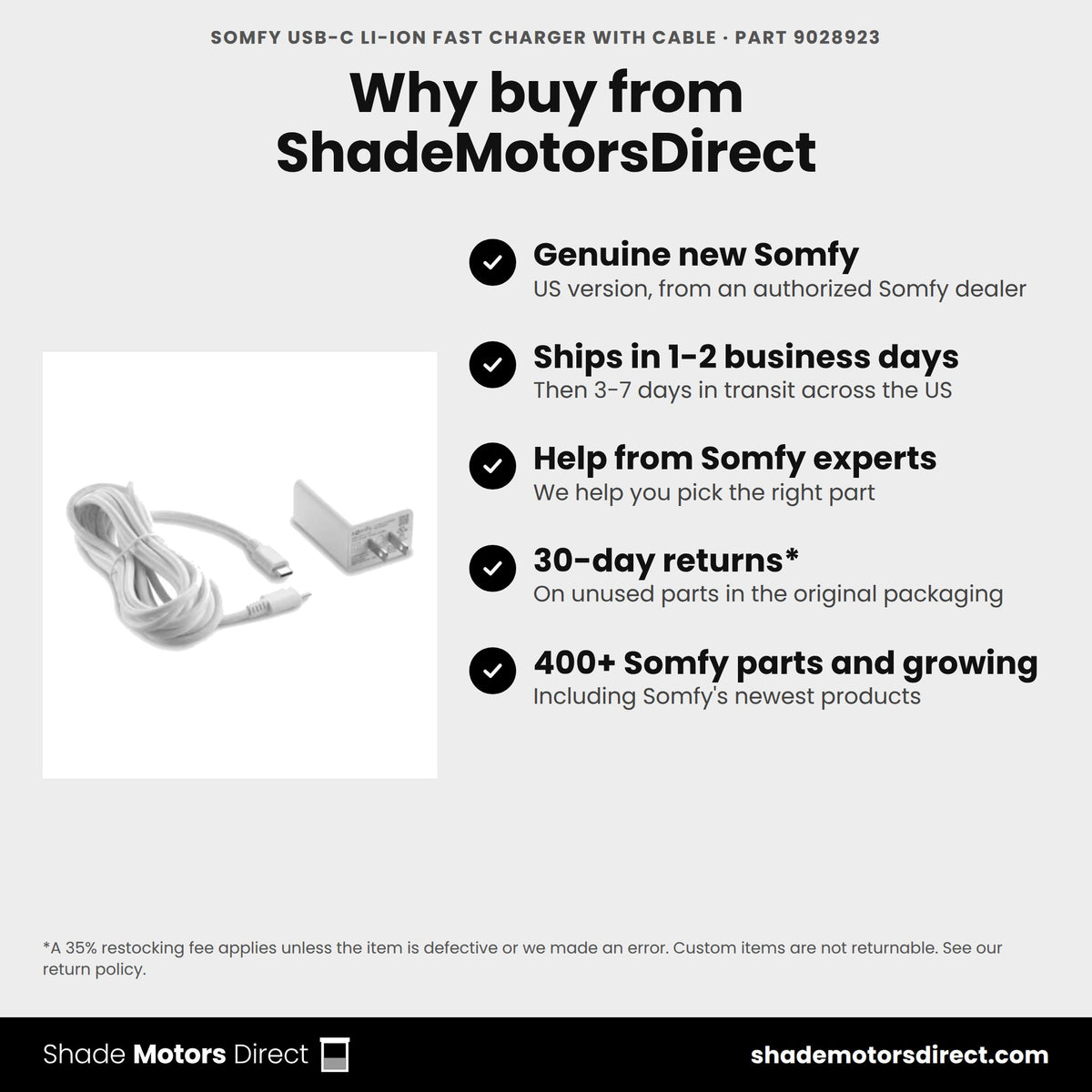Buy the Somfy USB-C Li-ion Fast Charger with Cable, part 9028923, genuine new, from ShadeMotorsDirect