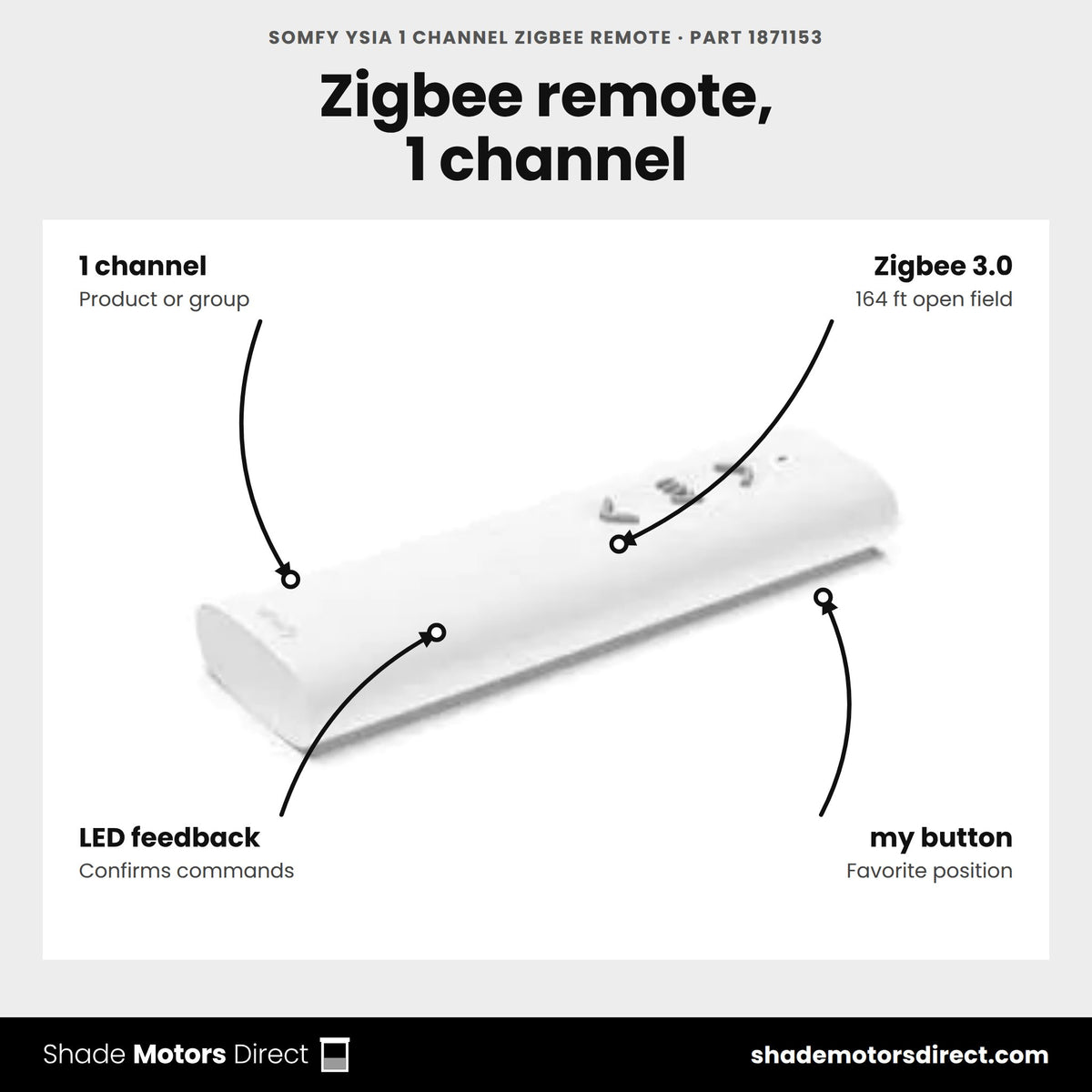 Somfy Ysia 1 Channel Zigbee Remote, part 1871153, features: 1 channel, Zigbee 3.0 at 2.450 GHz, 164 ft open field range, LED feedback, my favorite position, 2 AAA batteries