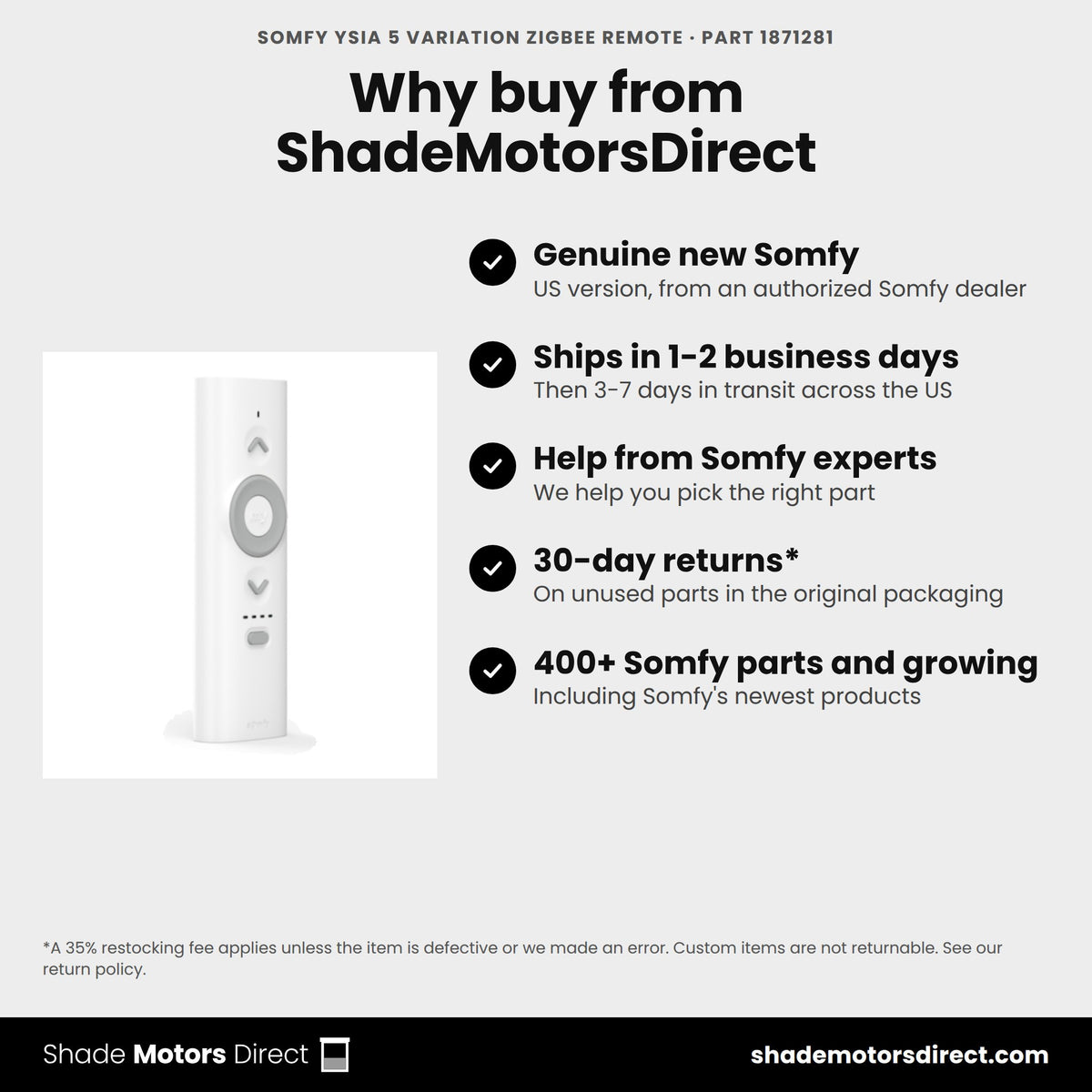 Buy the Somfy Ysia 5 Variation Zigbee Remote, part 1871281, genuine new, from ShadeMotorsDirect