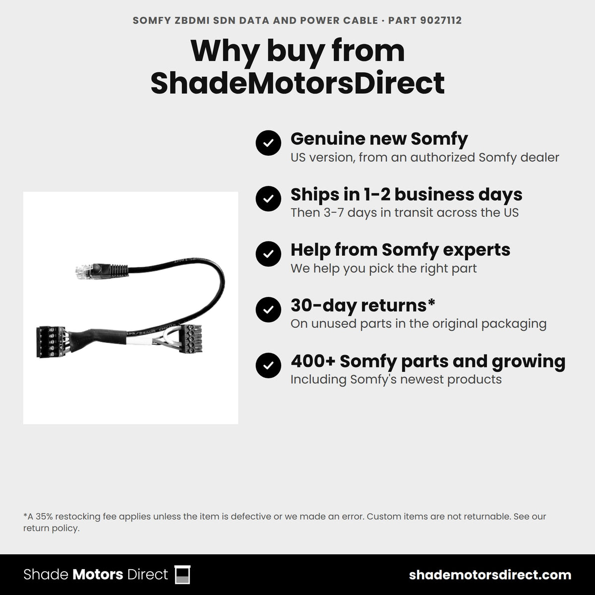 Buy the Somfy ZBDMI SDN Data and Power Cable, part 9027112, genuine new, from ShadeMotorsDirect