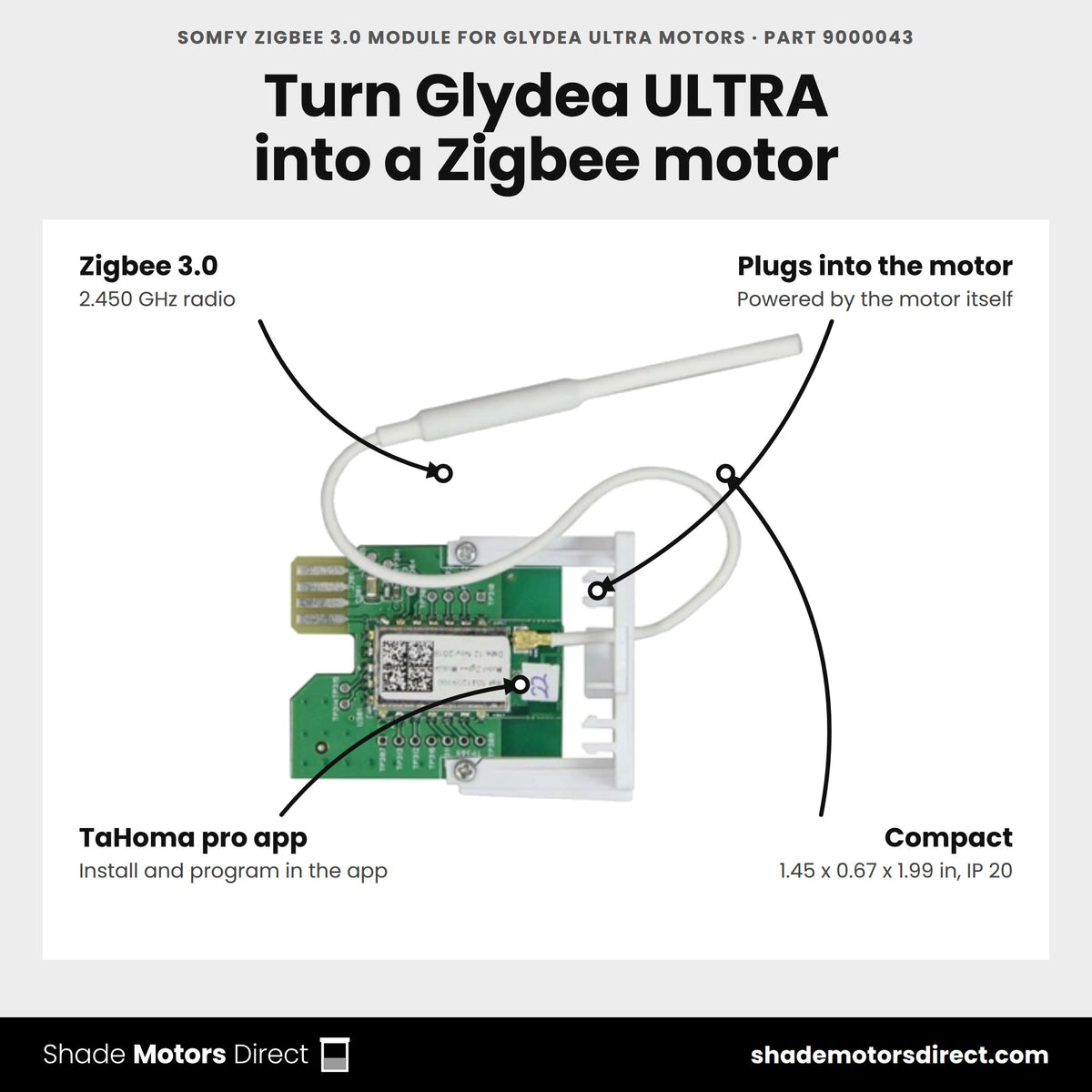 Somfy Zigbee 3.0 module for Glydea ULTRA motors, part 9000043, features: Zigbee 3.0 radio, plugs into the motor, programs in the TaHoma pro app