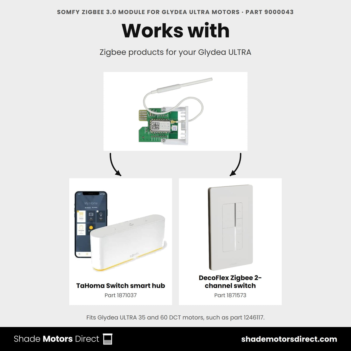 Zigbee products that work with the Somfy Glydea ULTRA Zigbee module 9000043: TaHoma Switch 1871037, DecoFlex Zigbee switch 1871573