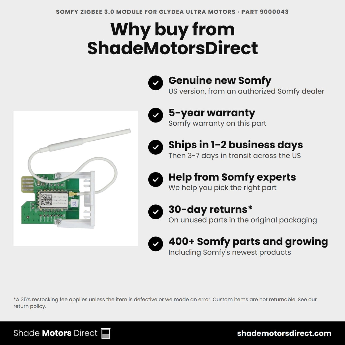Buy the Somfy Zigbee 3.0 module for Glydea ULTRA motors, part 9000043, genuine new with 5-year warranty, from ShadeMotorsDirect