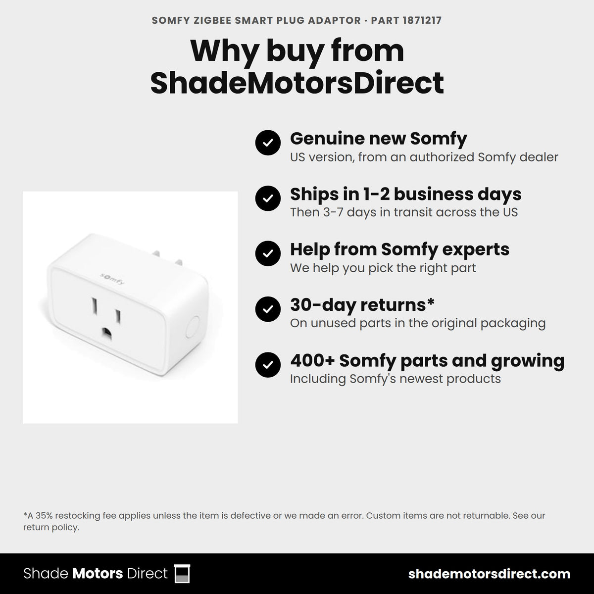Buy the Somfy Zigbee Smart Plug Adaptor, part 1871217, genuine new, from ShadeMotorsDirect