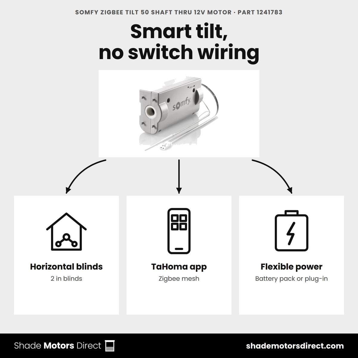 Somfy Zigbee Tilt 50 motor 1241783 uses: 2 in horizontal blinds, TaHoma app control, battery or plug-in power
