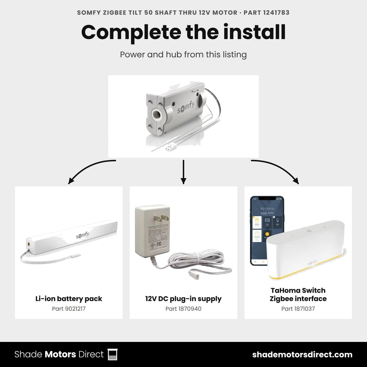 Parts that work with the Somfy Zigbee Tilt 50 motor 1241783: Li-ion battery pack 9021217, 12V DC plug-in supply 1870940, TaHoma Switch Zigbee interface 1871037