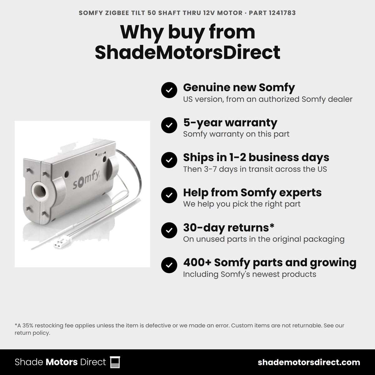 Buy the Somfy Zigbee Tilt 50 Shaft Thru 12V Motor, part 1241783, genuine new with 5-year warranty, from ShadeMotorsDirect