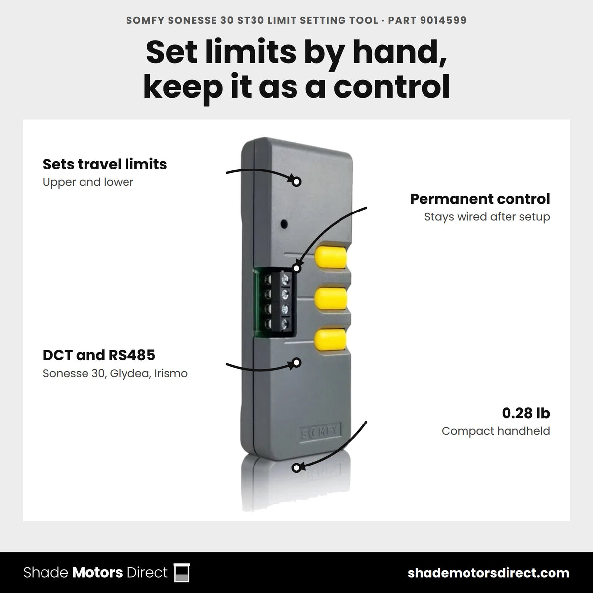 Somfy Sonesse 30 ST30 limit setting tool, part 9014599, sets upper and lower limits on DCT and RS485 motors, doubles as a wired control