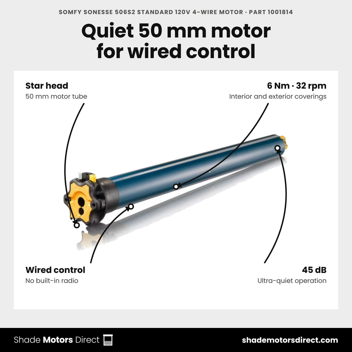 Somfy Sonesse 506S2 standard 120V 4-wire motor, part 1001814, features: star head, 50 mm, 6 Nm, 32 rpm, wired control, 45 dB