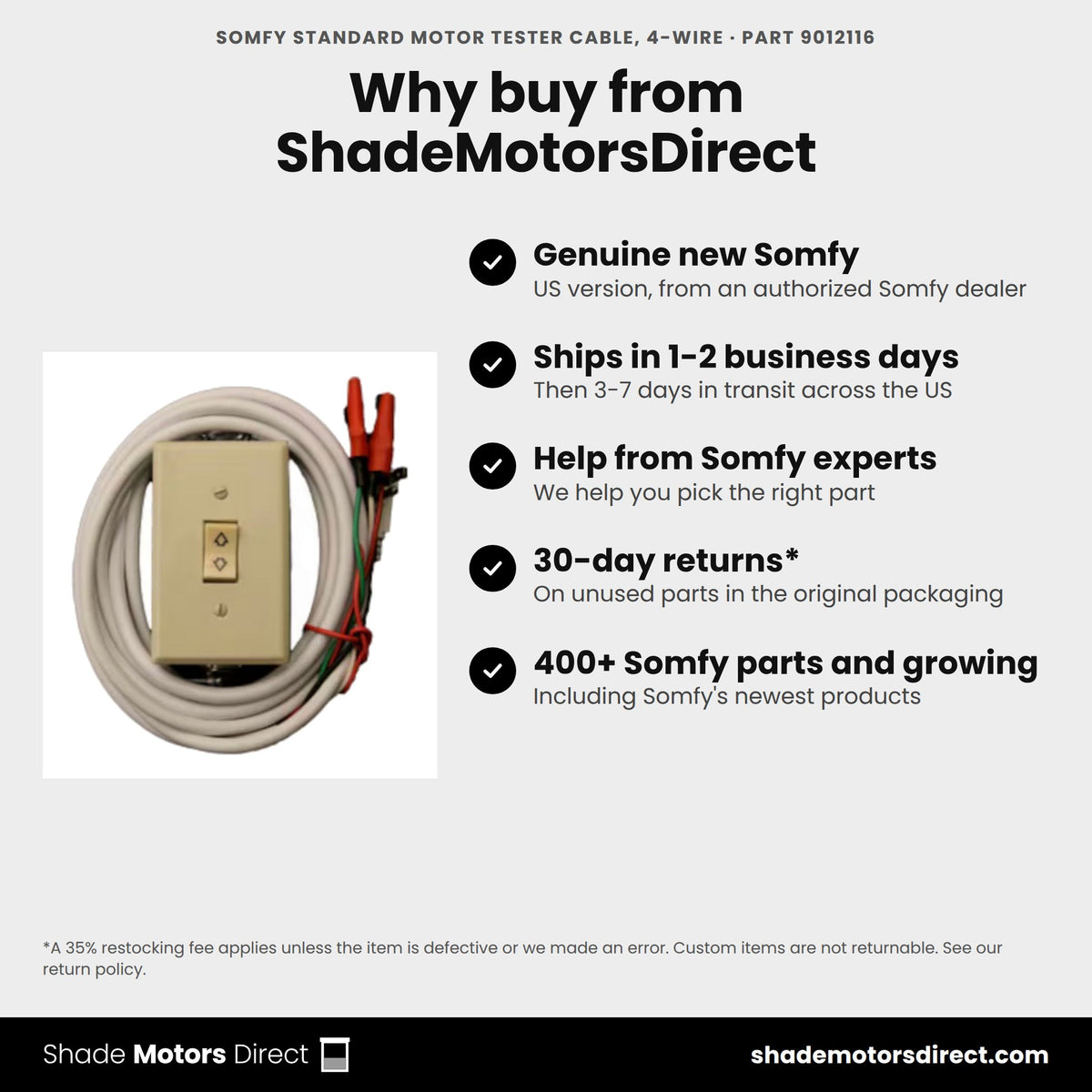 Buy the Somfy Standard Motor Tester Cable, 4-Wire, part 9012116, genuine new, from ShadeMotorsDirect
