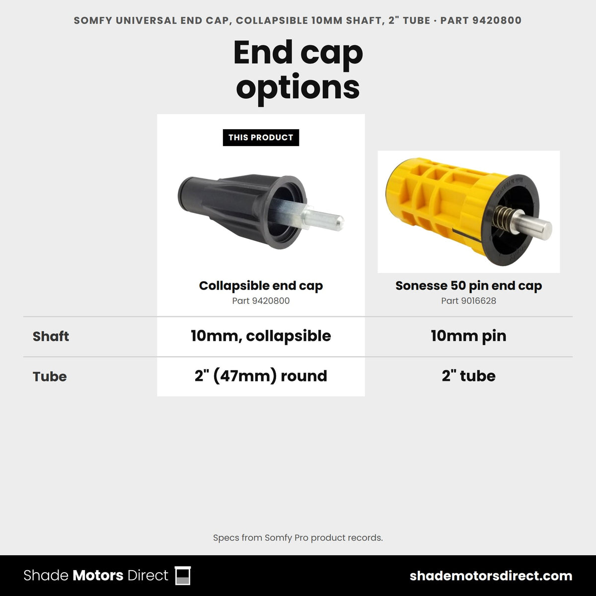 Somfy universal collapsible 10mm idler end cap 9420800 compared: Sonesse 50 pin end cap 9016628
