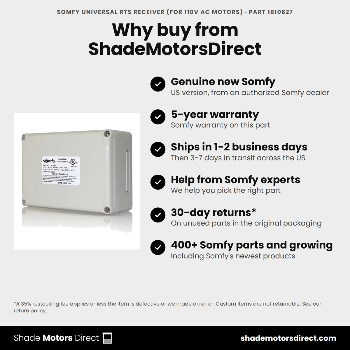 Buy the Somfy Universal RTS Receiver (For 110V AC Motors), part 1810627, genuine new with 5-year warranty, from ShadeMotorsDirect